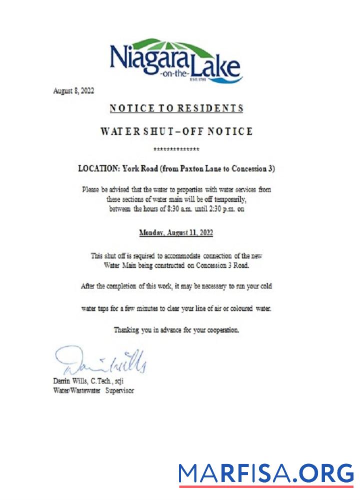 Realistic Canada Ontario The Niagara on the Lake water utility shut off notice template